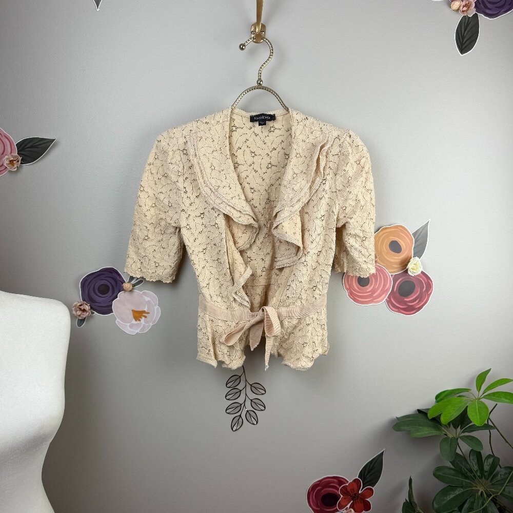 Bebe Lace Ribbon Tied Short Sleeve Shrug - Size - Small